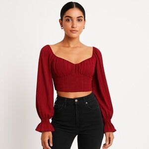 Cropped Burgundy Long-Sleeve Blouse | Size Small
